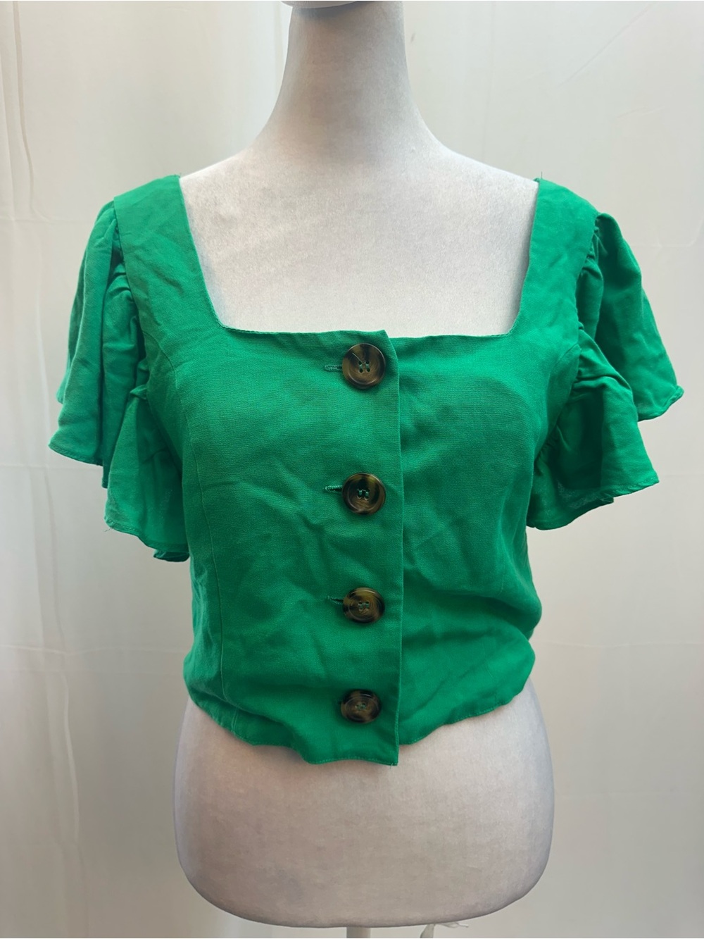 DO+BE Green Square-Neck Button Front Top S